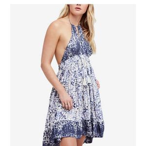 Free People Large Blue Beach Day Halter Mini Dress NWT